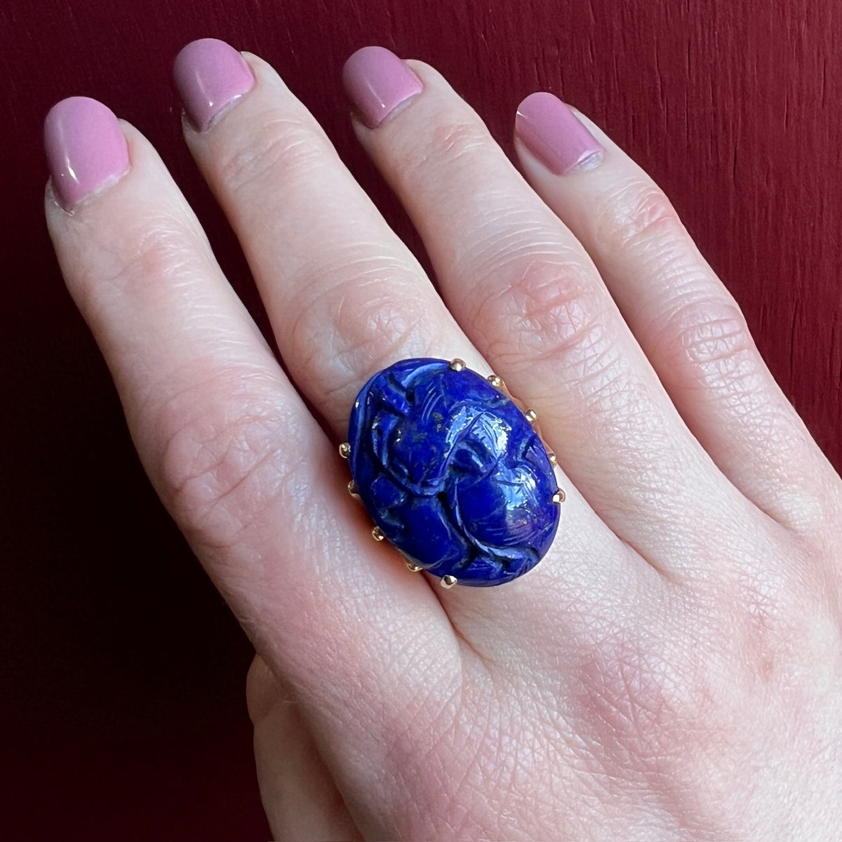 Striking Carved Lapis in Gold Cocktail Ring