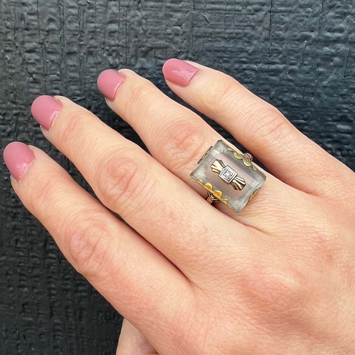Camphor Glass Ring in Green, Rose & White Gold