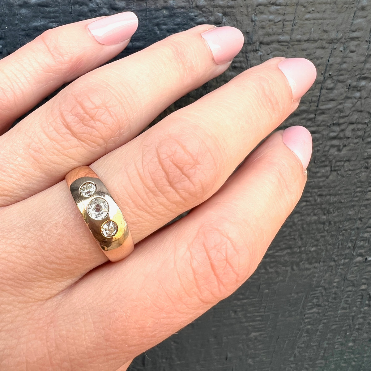Elegant Three Old Mine Cut Diamond Gypsy Band Engagement Ring