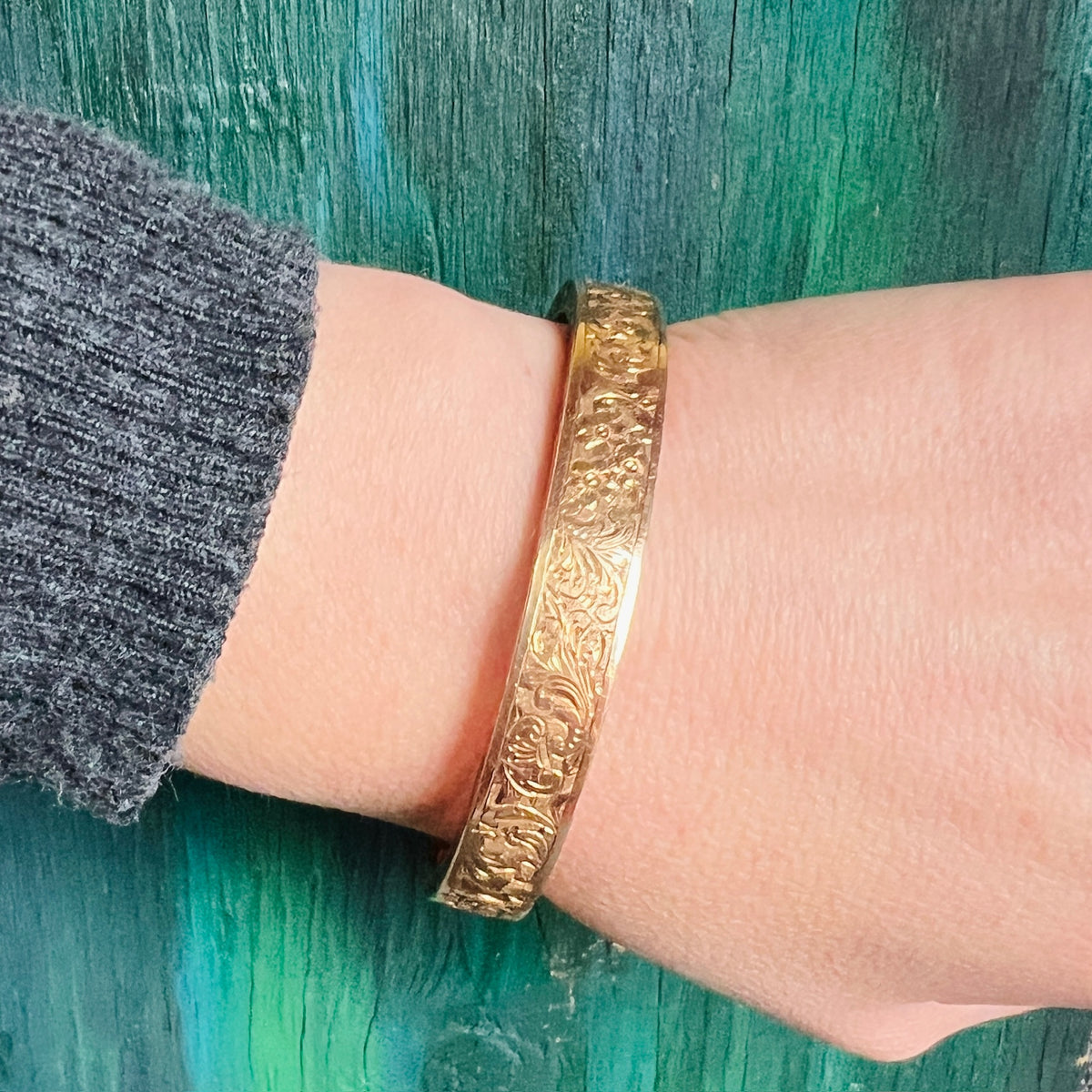 Elaborately Hand Engraved Gold Bangle Bracelet
