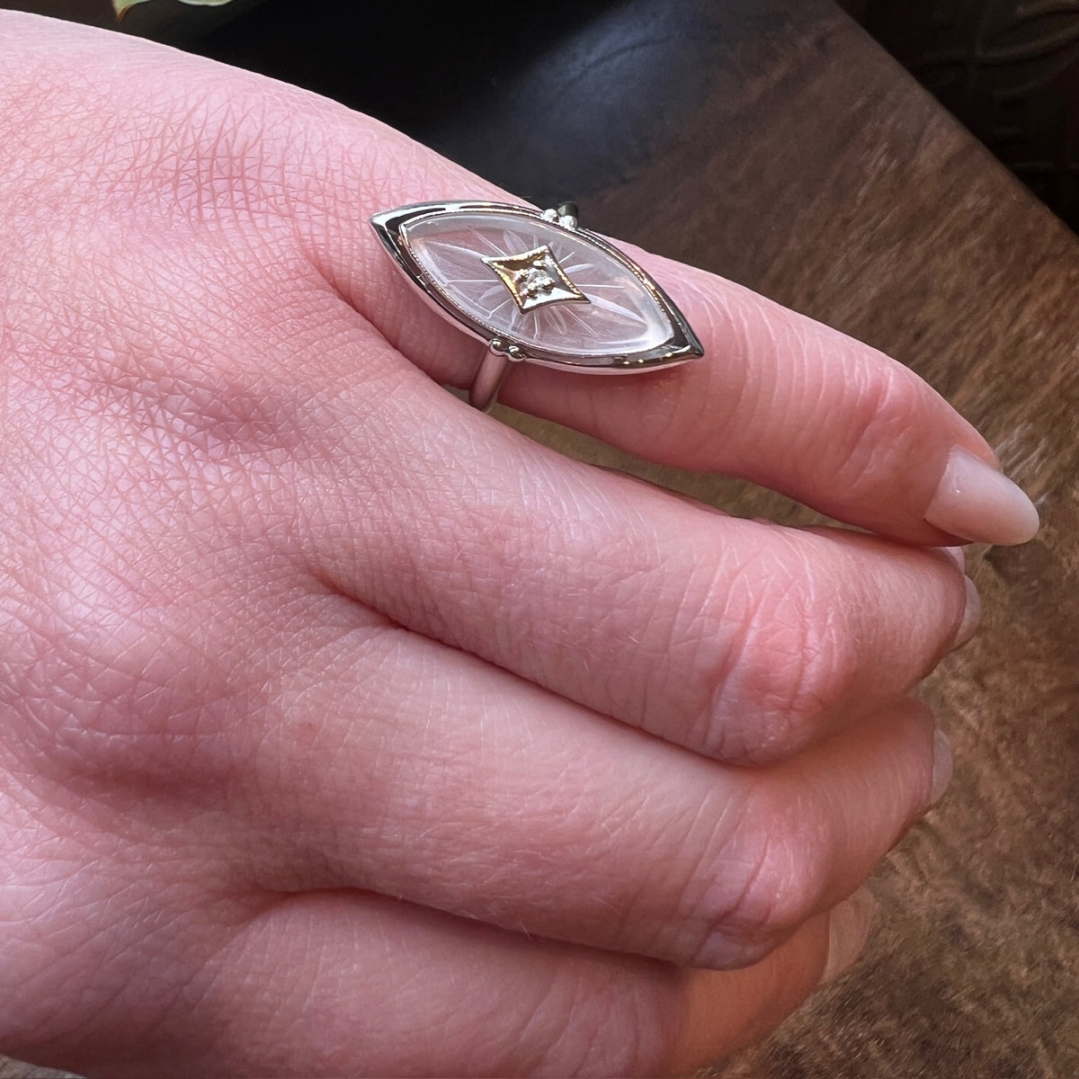 Vintage Camphor Glass Marquis White Gold Ring