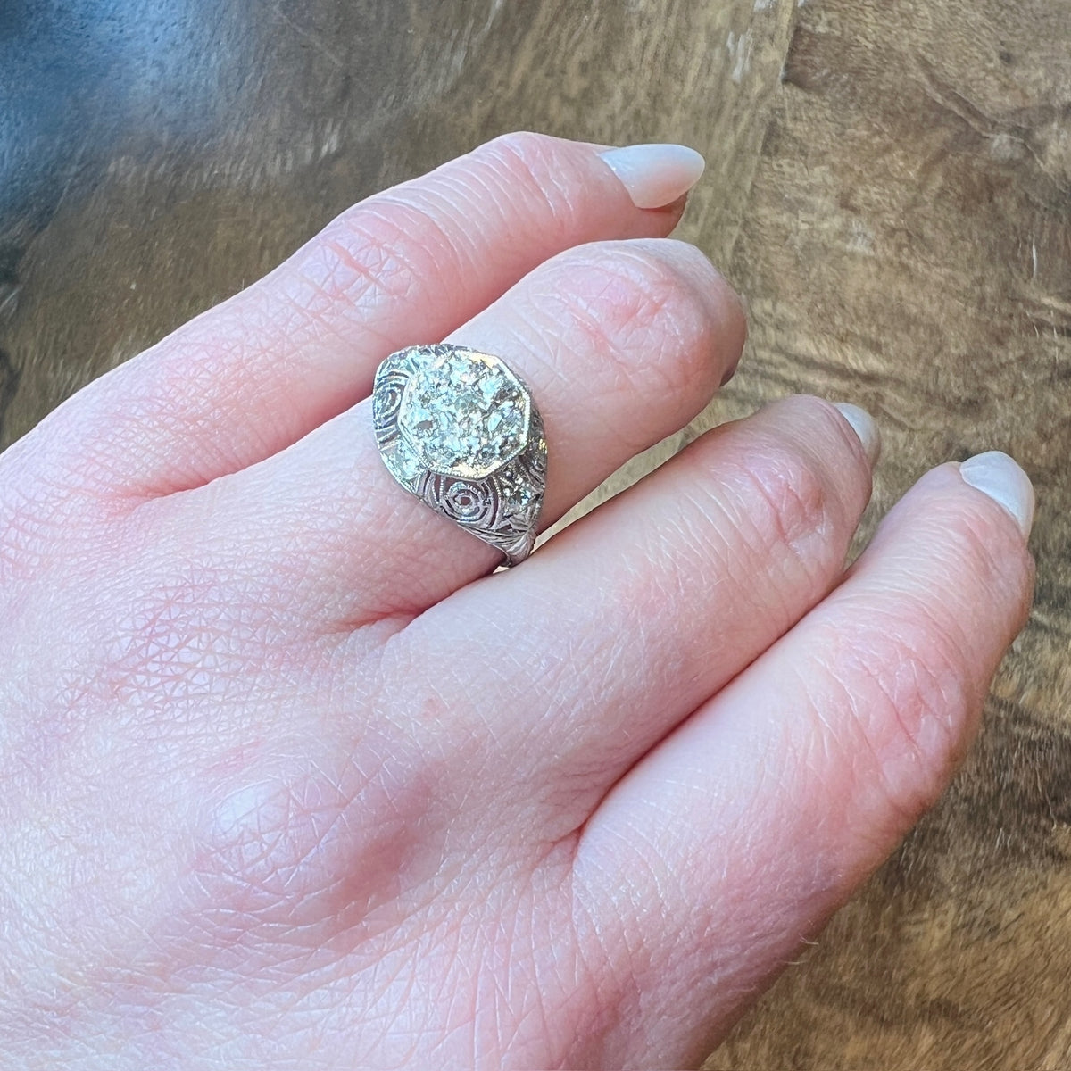Old Mine Cut Diamond Cluster in Ornate Platinum Engagement Ring