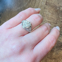 Old Mine Cut Diamond Cluster in Ornate Platinum Engagement Ring