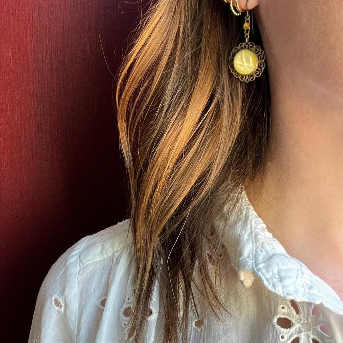 Yellow Art Glass & Brass Filigree Drop Earrings