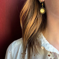 Yellow Art Glass & Brass Filigree Drop Earrings