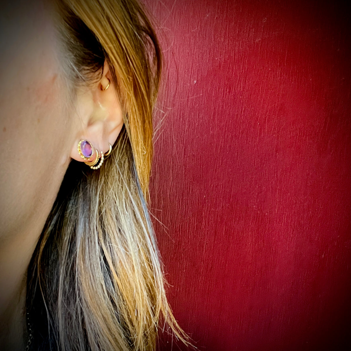 Sparkling Amethyst in Gold Surround Studs