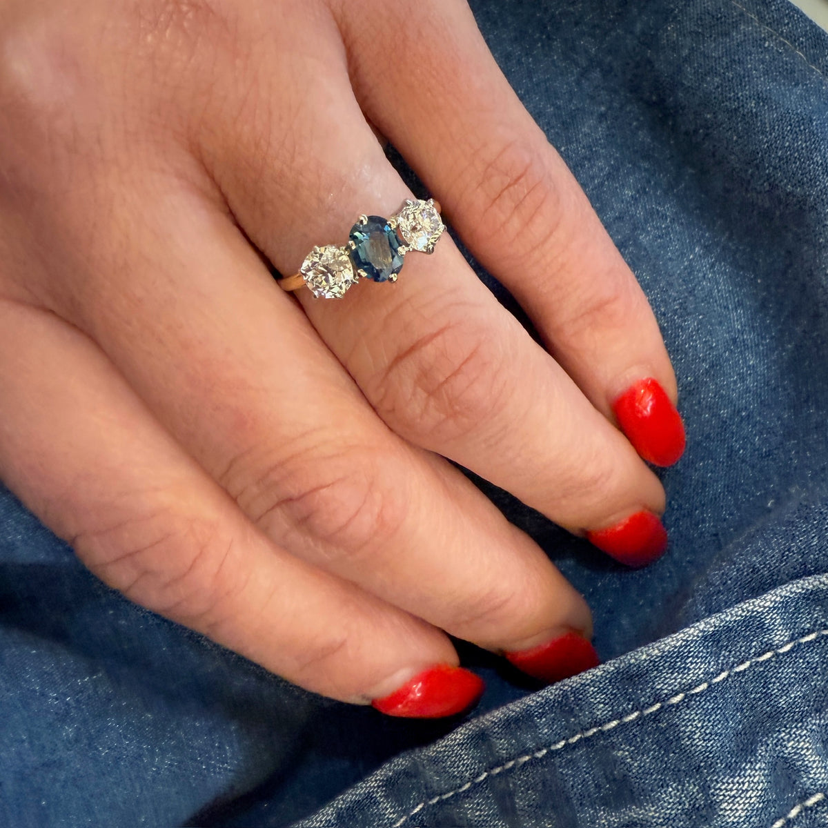 Lovely Old Euro Cut Diamond & Sapphire Trilogy Ring