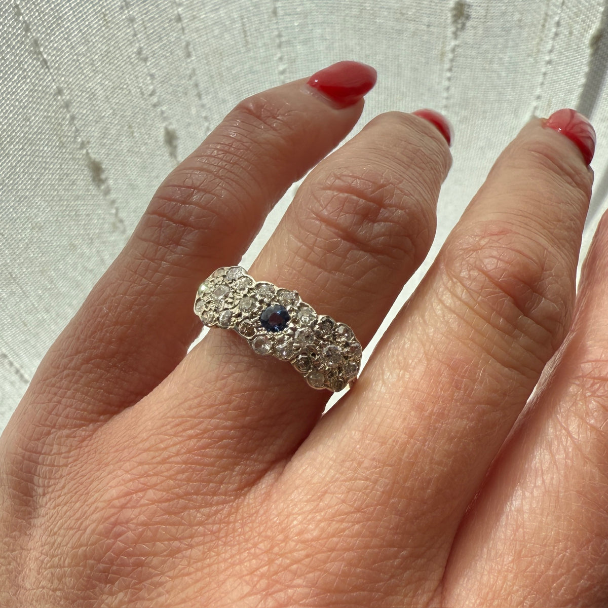 Trio of Flowers Old Mine Diamonds & Sapphire Ring