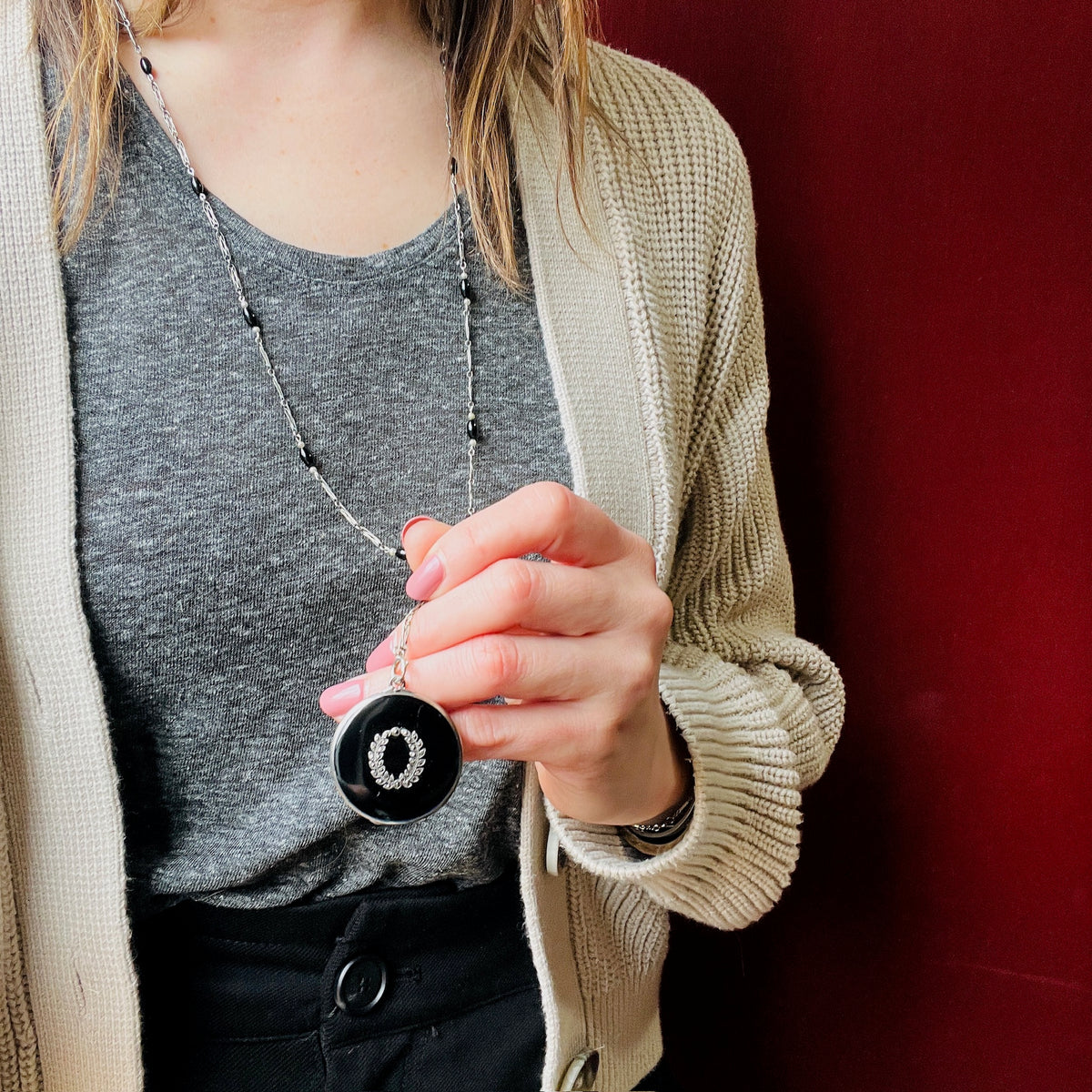 Black Enamel Laurel Wreath Locket on Silver Lorgnette Chain