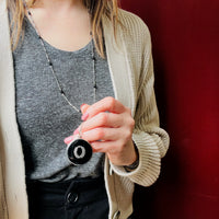 Black Enamel Laurel Wreath Locket on Silver Lorgnette Chain