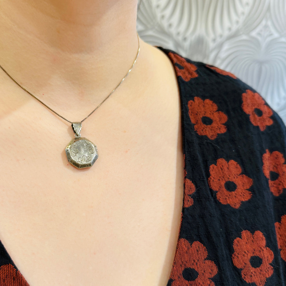 Octagonal Sterling Locket Engraved with Flowers