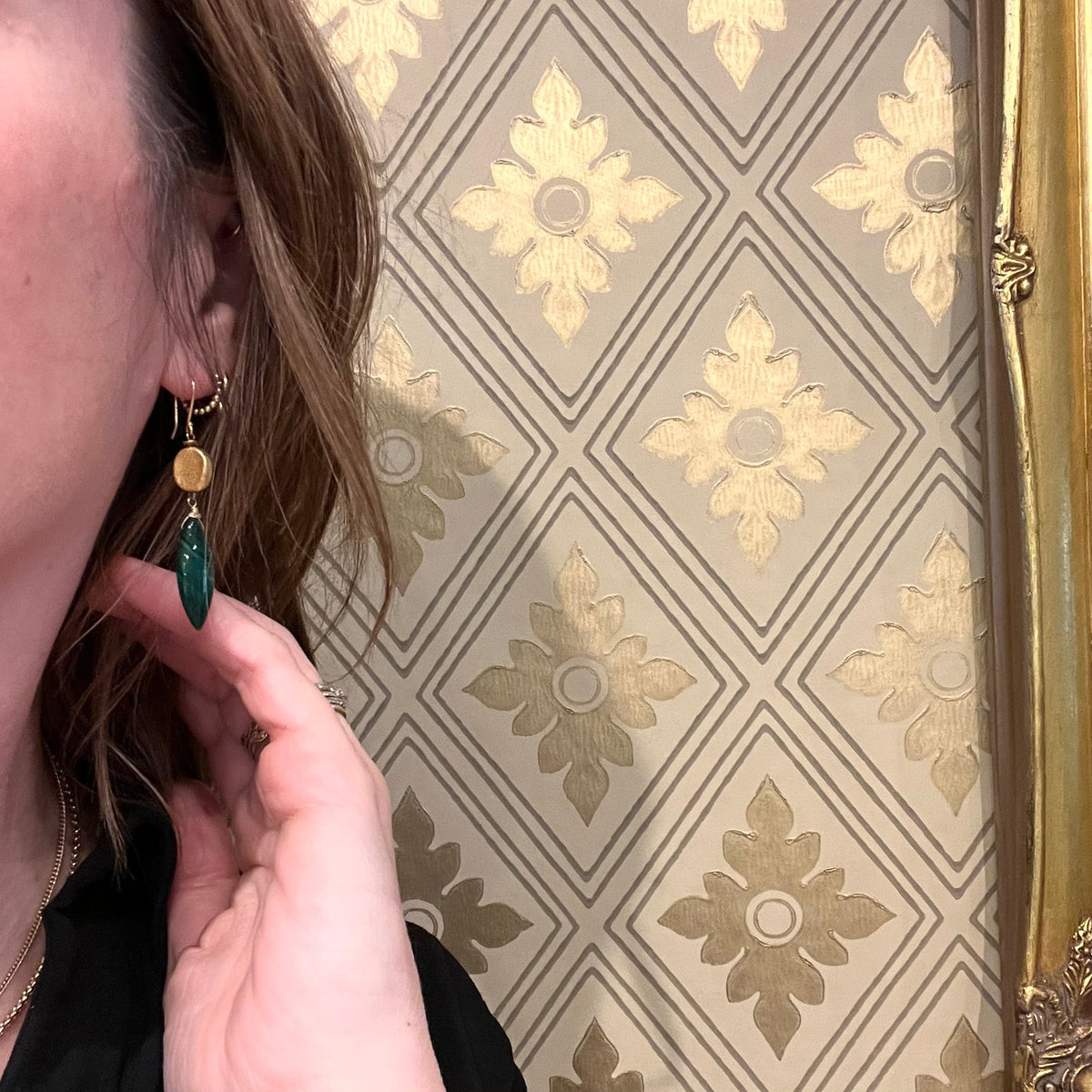 Malachite Drops Earrings with Luxe Gold Beads by brunet