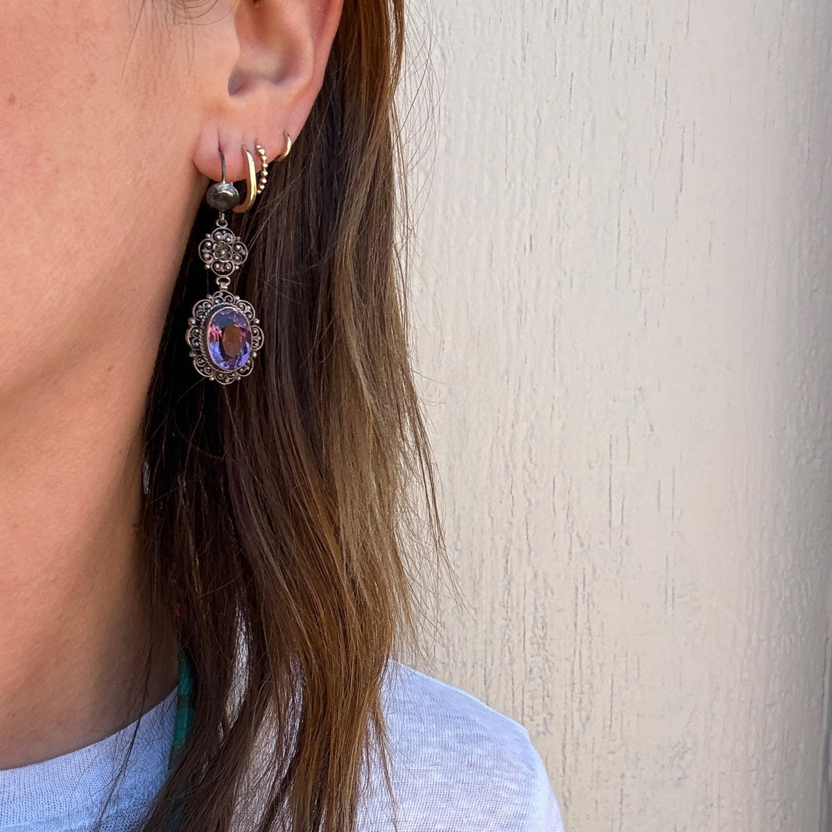 Feminine Amethyst & Silver Filigree Drop Earrings