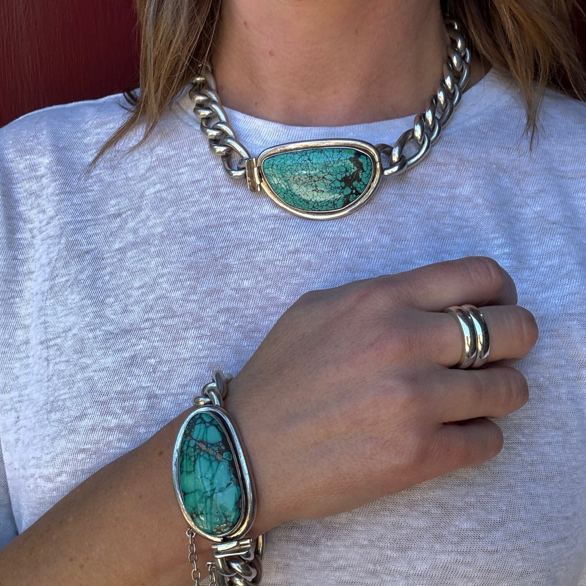Heavy Sterling Curb Necklace with Turquoise Clasp by Areias