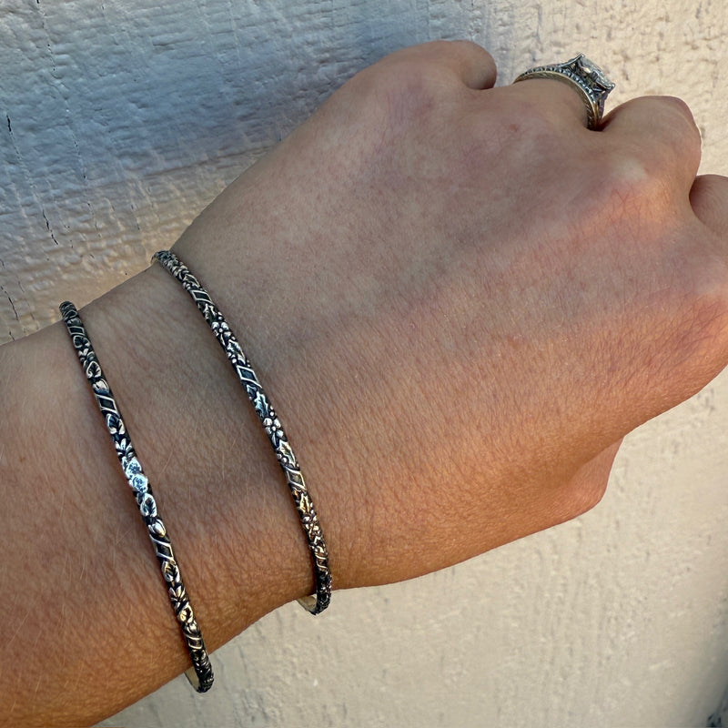 Engraved Leaves & Flowers Sterling Silver Bangle Bracelet