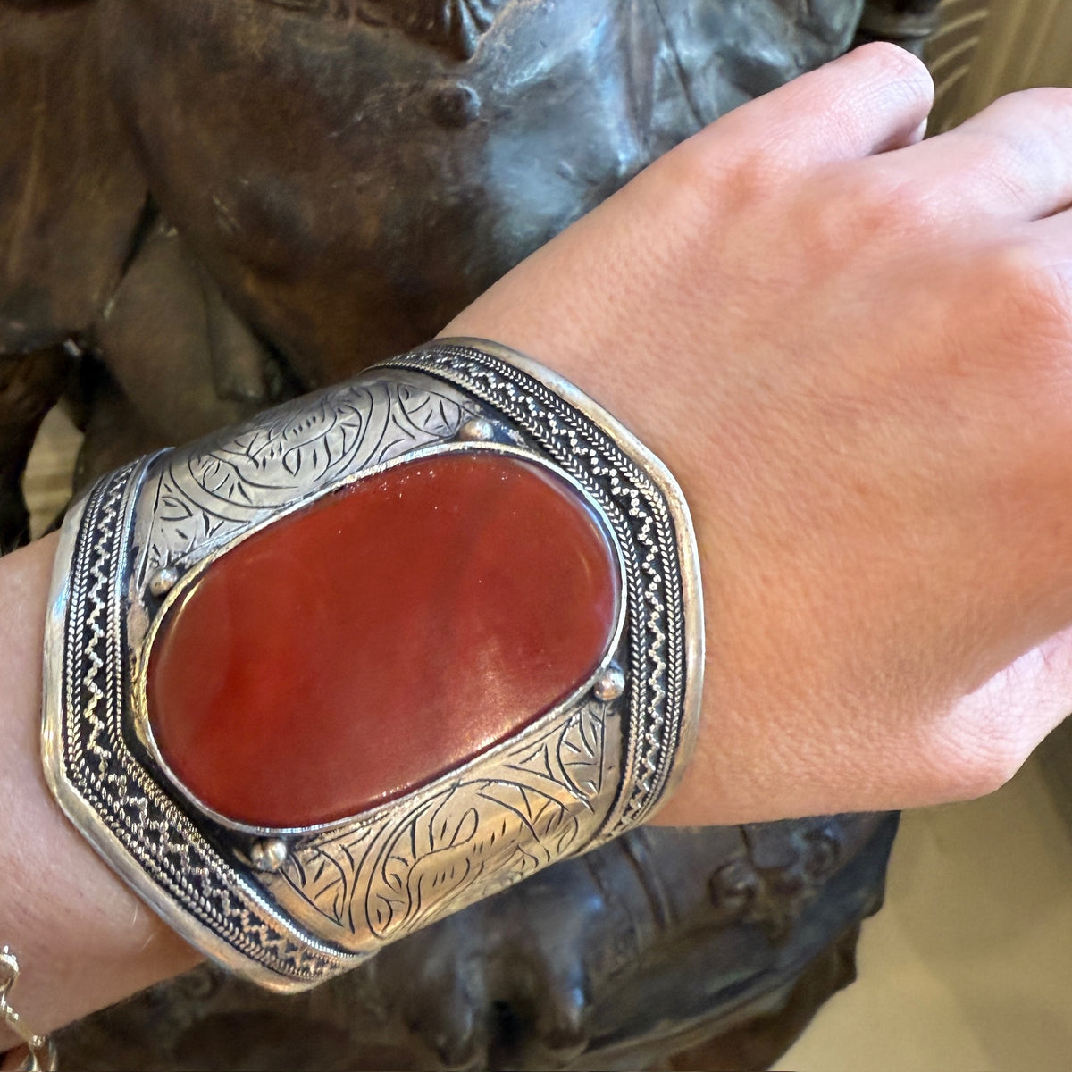 Dramatic Tribal Cuff with Carnelian & Etched Gazelles