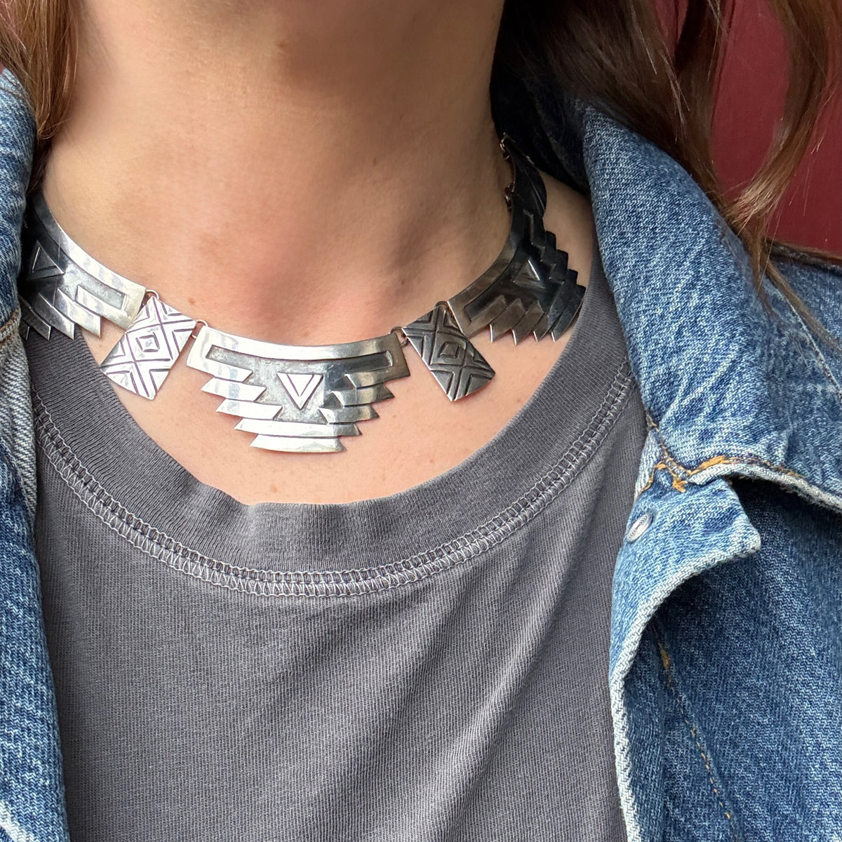 Meso-American Pyramid Motif Sterling Silver Choker