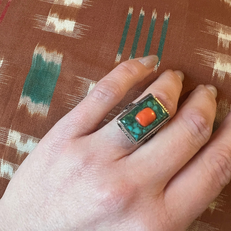 Tibetan Turquoise & Coral Sterling Silver Ring