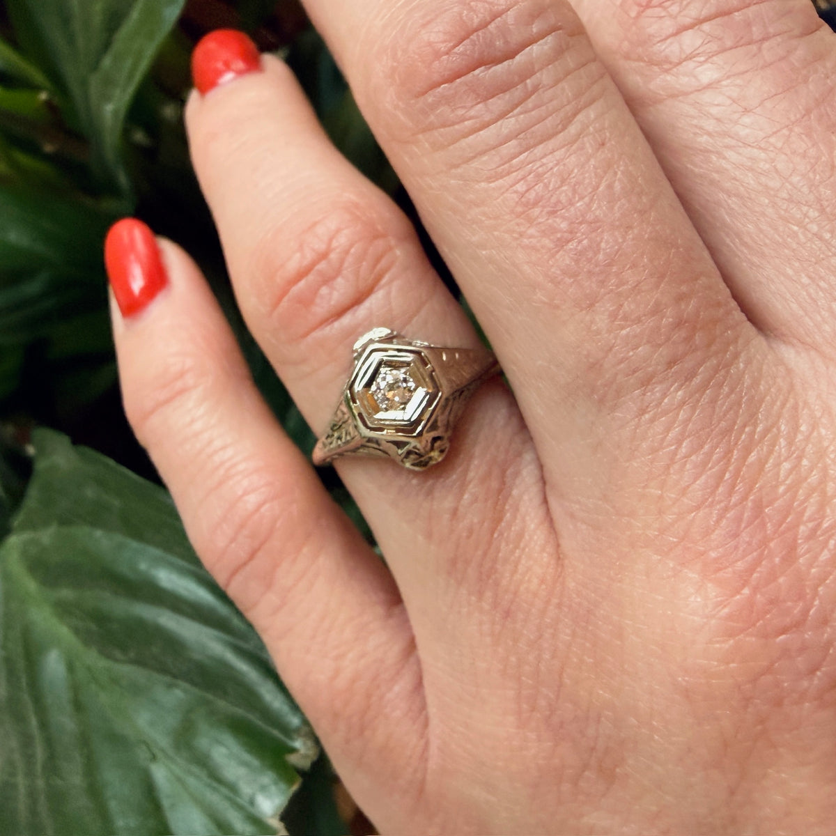 Pierced & Engraved Art Deco Diamond Ring