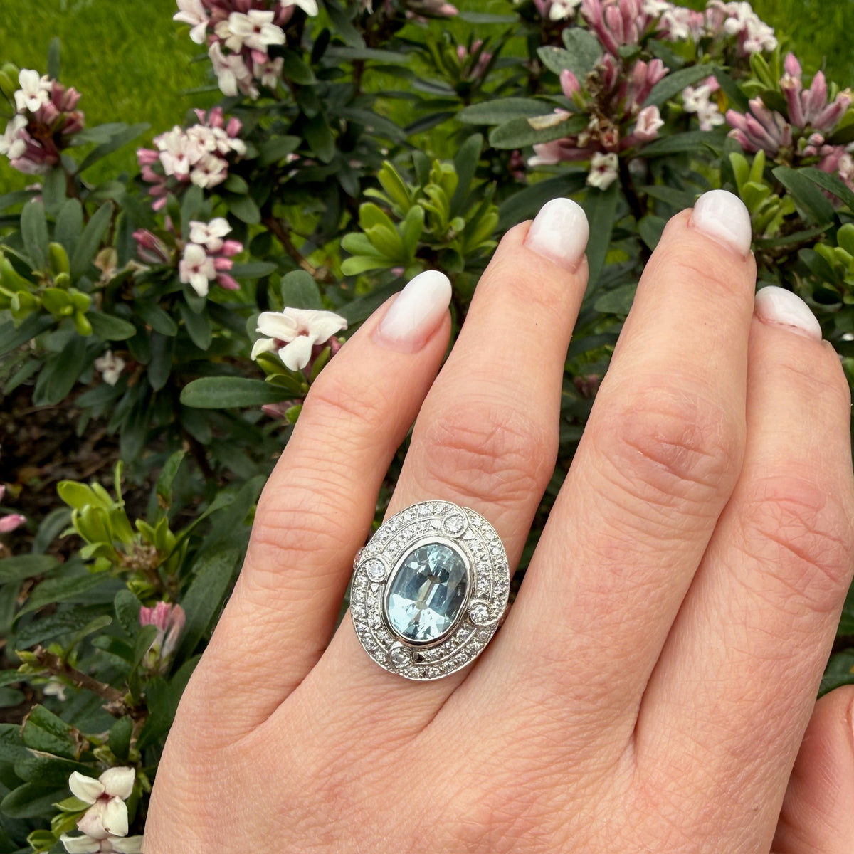 Heavenly Aquamarine & Diamond Swirling Halo Ring