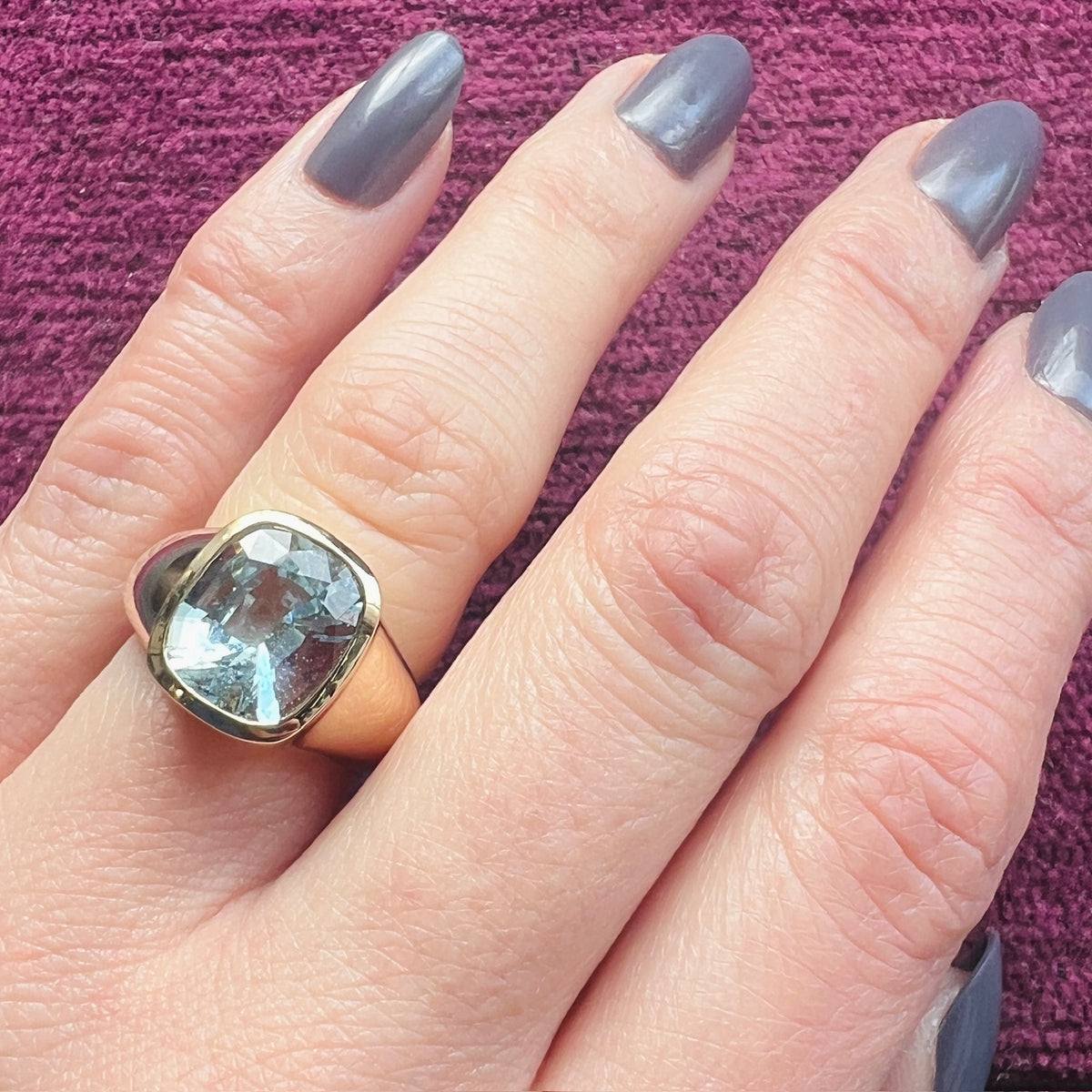 Icy Blue Aquamarine in Voluptuous Gold Signet Ring