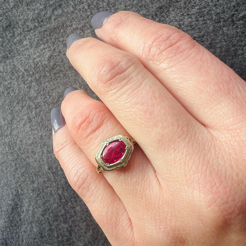 Hot Pink Ruby Cabochon in Gold Filigree Ring