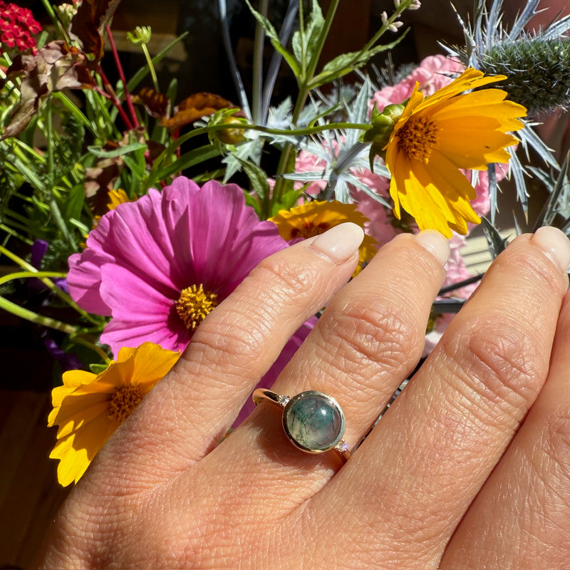 Moss Agate & Diamond in Gold Bezel Ring
