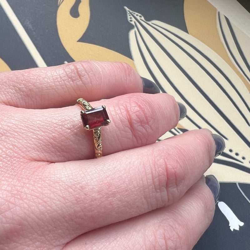 Emerald-Cut Garnet in Sculpted Gold Solitaire Ring