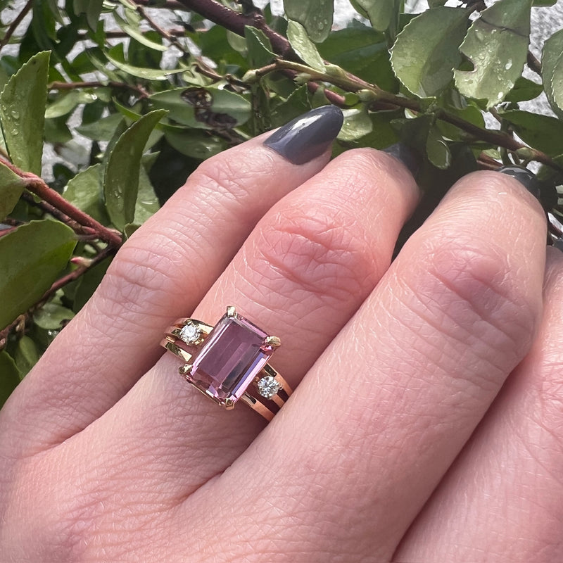 Mauvish-Pink Emerald-Cut Tourmaline & Diamond Ring