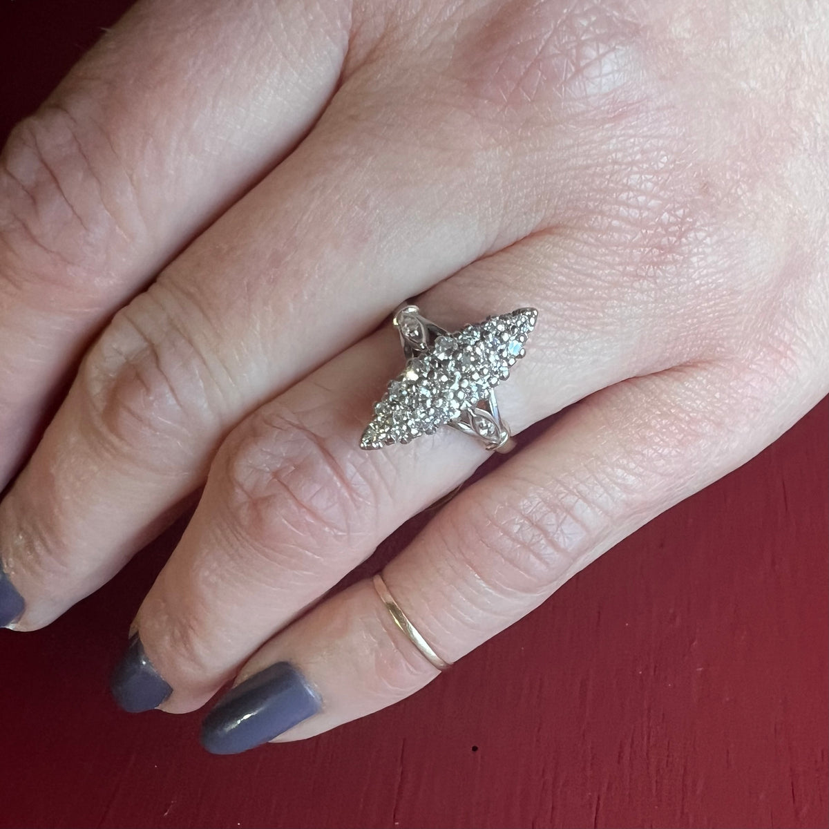 Mid-Century Diamond & White Gold Navette Ring