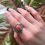 Fiery Red Coral in Ornate Silver Ring
