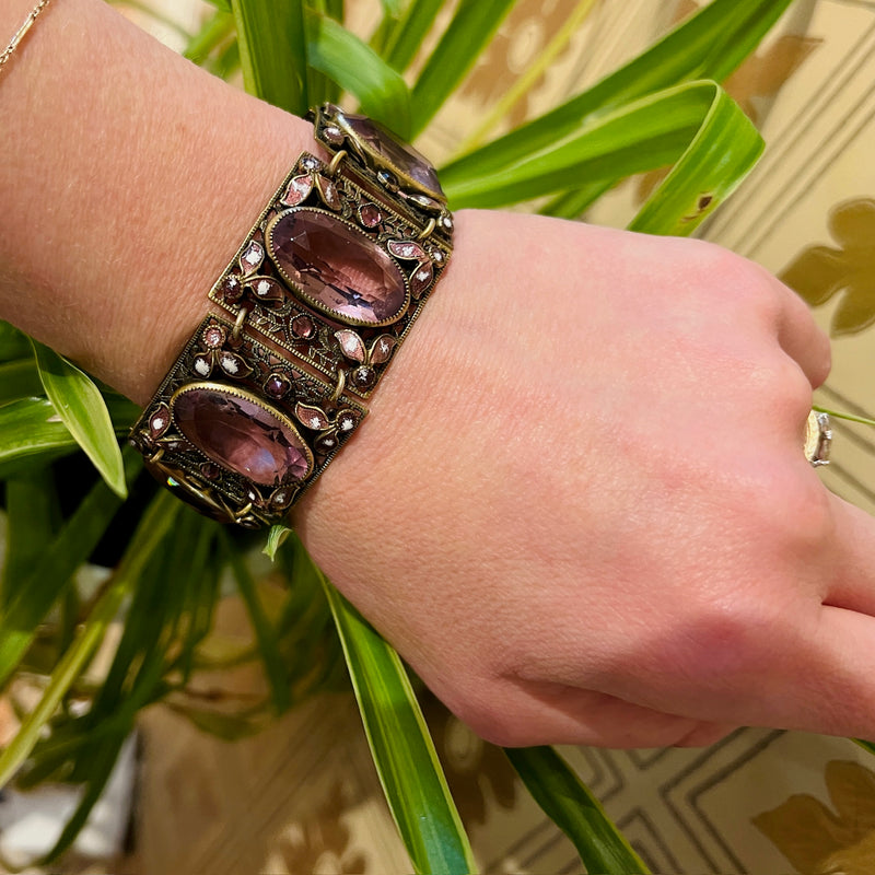 Purple Glass & Brass Bracelet with Enameled Flowers