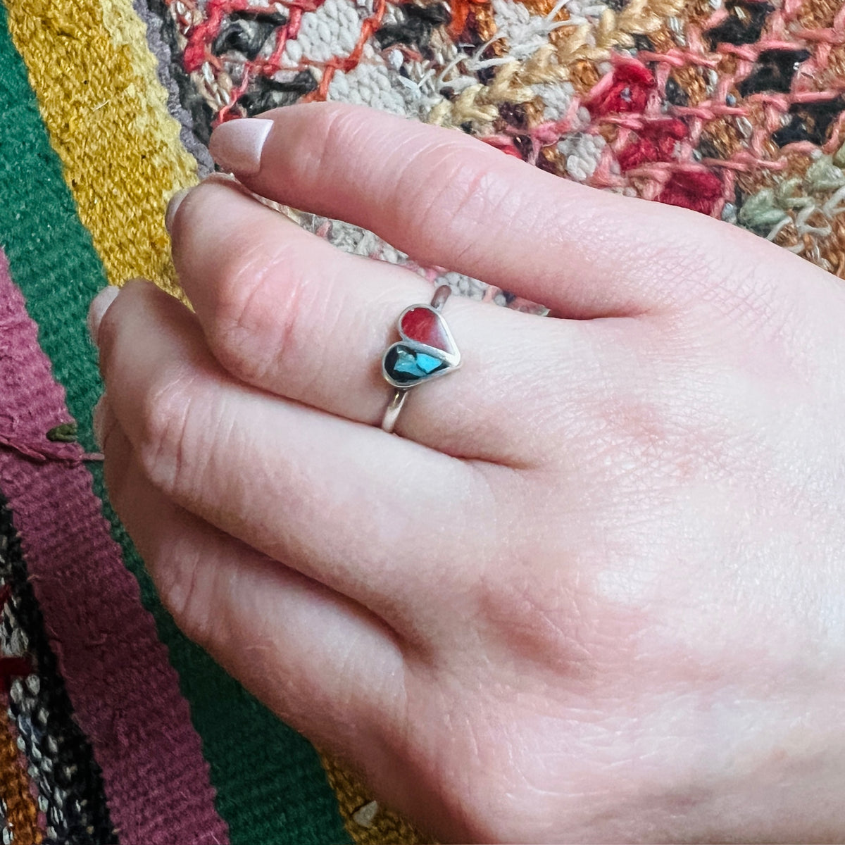 Opposites Attract Coral & Turquoise Heart Ring