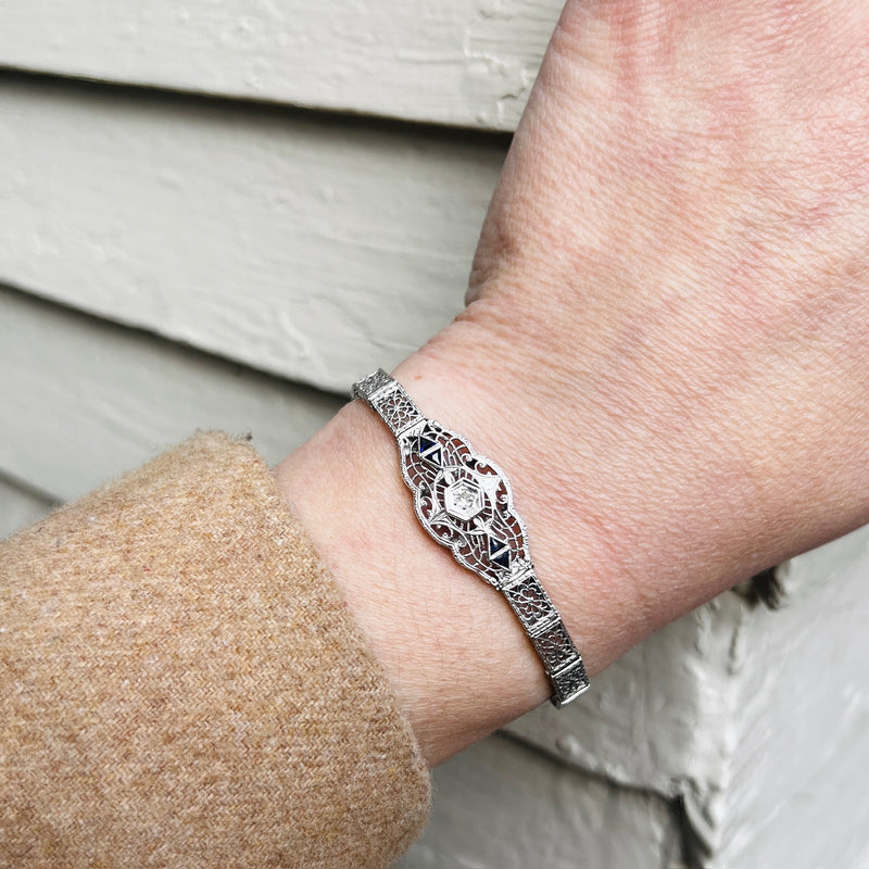 Lacy Filigree Diamond & Sapphire Art Deco Bracelet