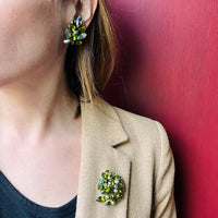 Green & Aquamarine Rhinestone Brooch & Earring Set