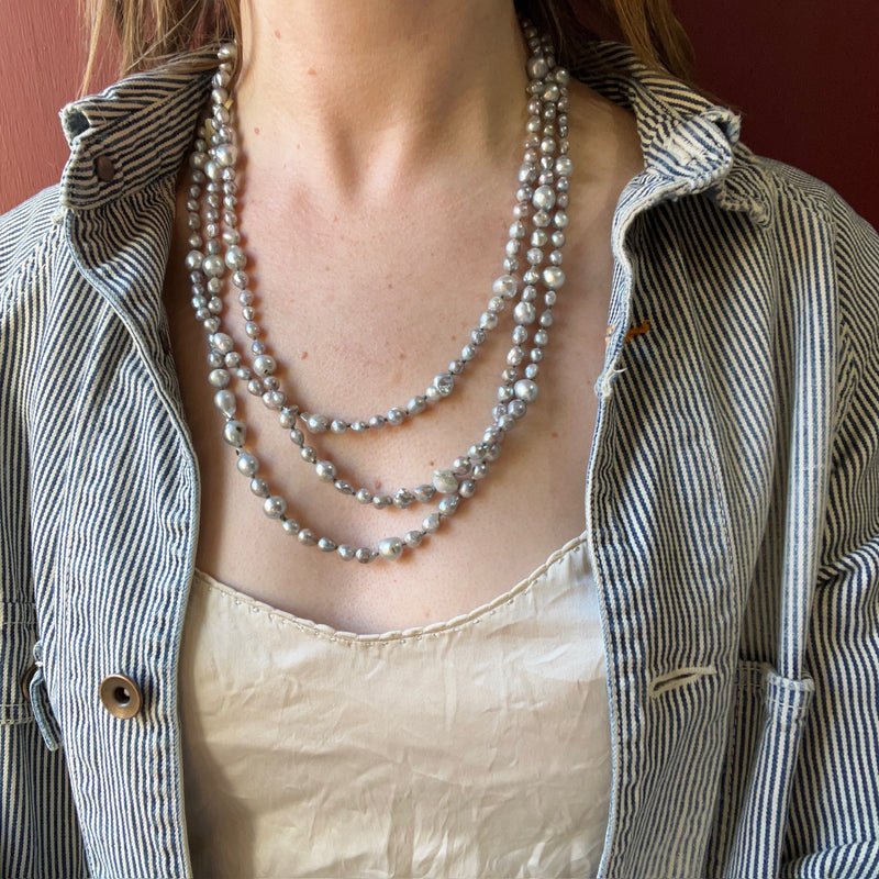 Jazz Age Extra-Long Strand of Grey Baroque Pearls