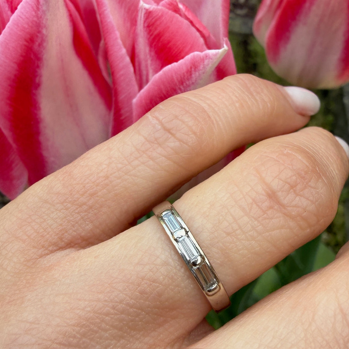Three Baguette Diamonds in Flat White Gold Band