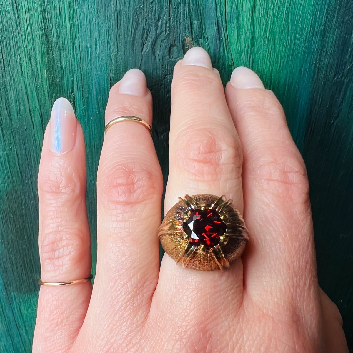 Mid Century Bloomed Gold & Garnet Ring