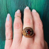 Mid Century Bloomed Gold & Garnet Ring