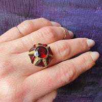 Garnet and Pearl Star Ring 18k Yellow Gold