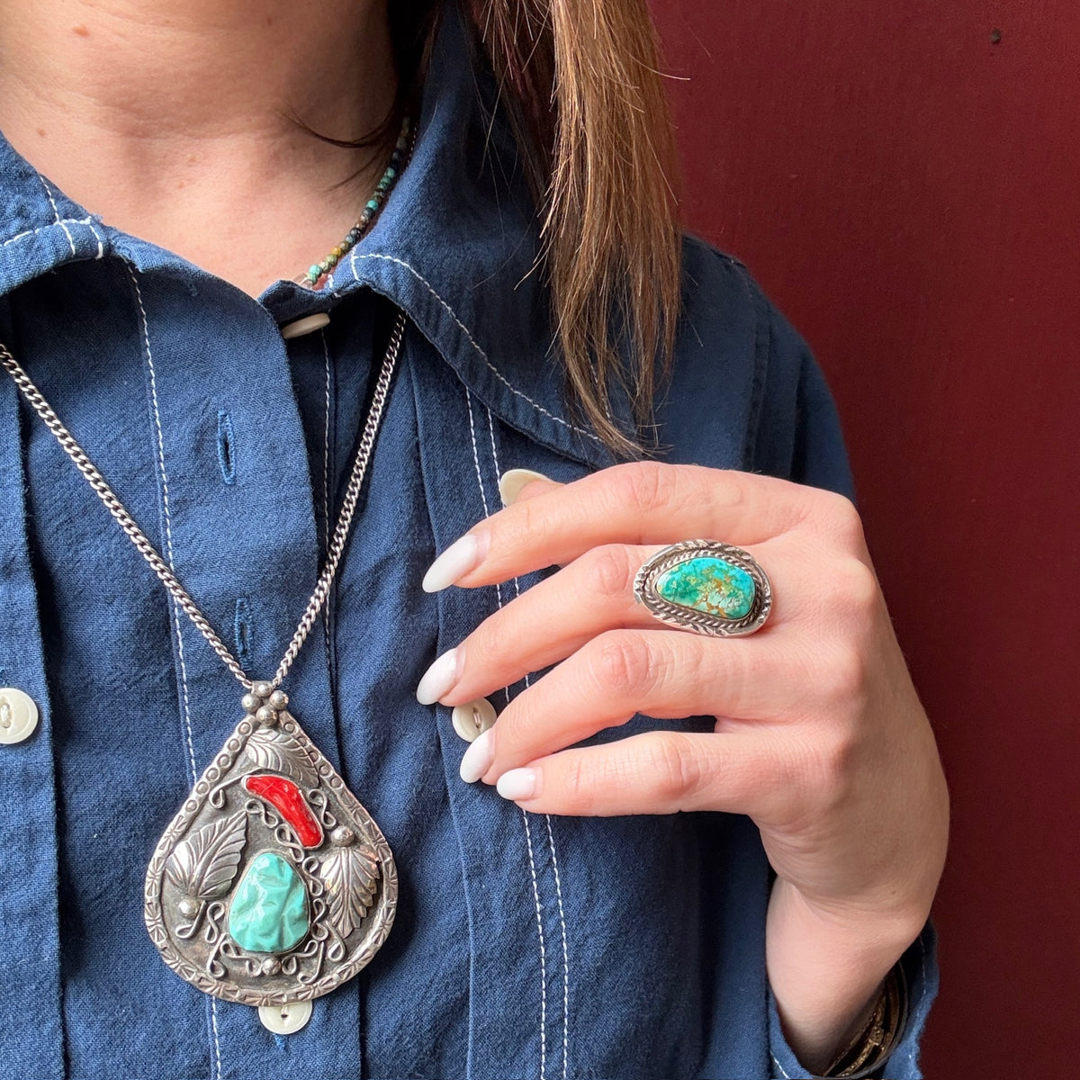 Navajo Turquoise & Coral Silver Pendant by E. Begay