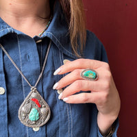 Navajo Turquoise & Coral Silver Pendant by E. Begay