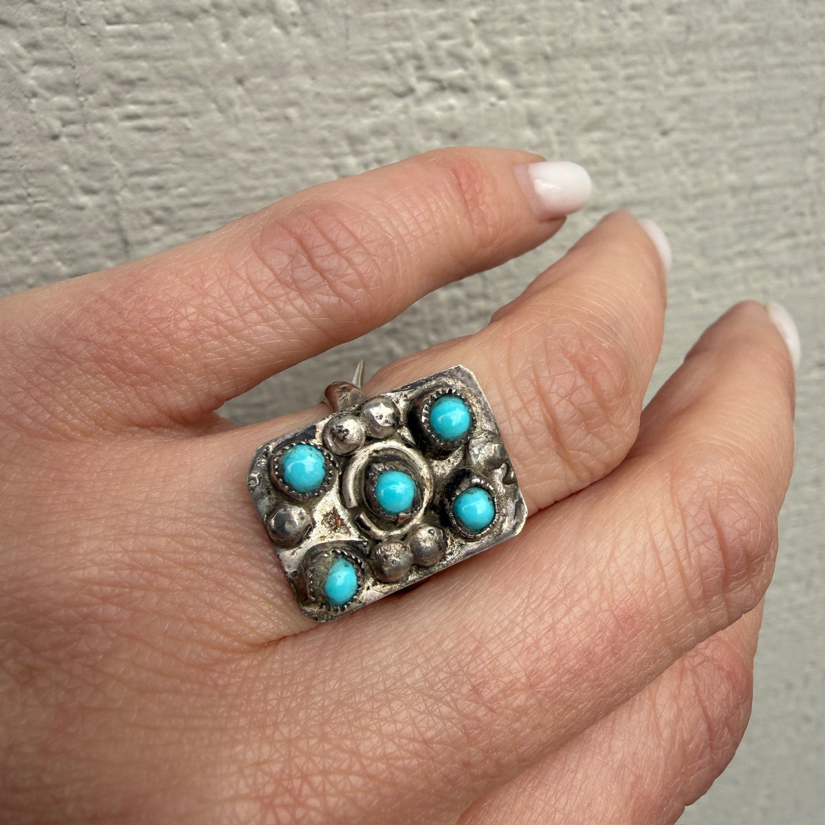 Turquoise Cabochons on Silver Panel Ring
