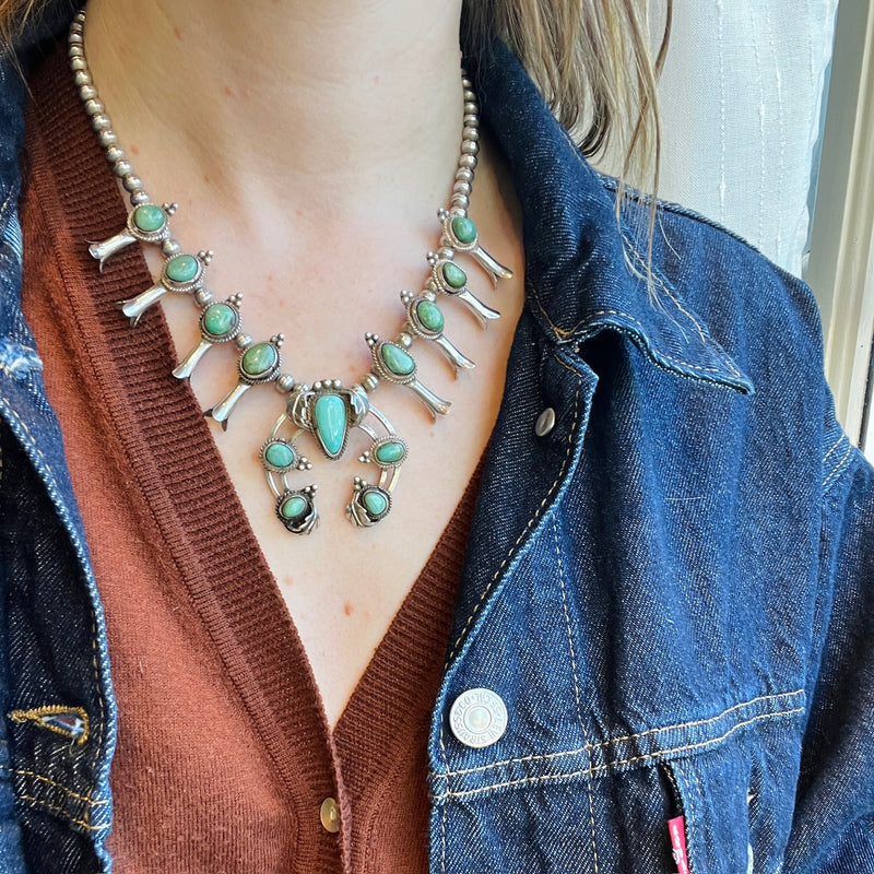 Petite Silver & Turquoise Squash Blossom Necklace