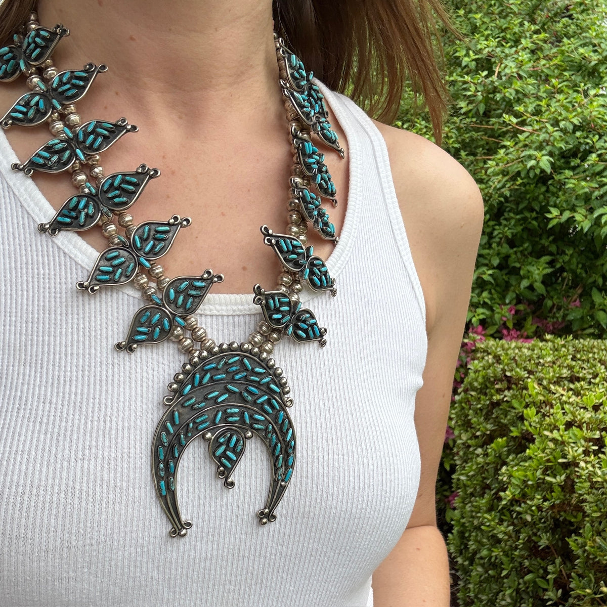 Turquoise Needlepoint Squash Blossom Necklace by W. Begay