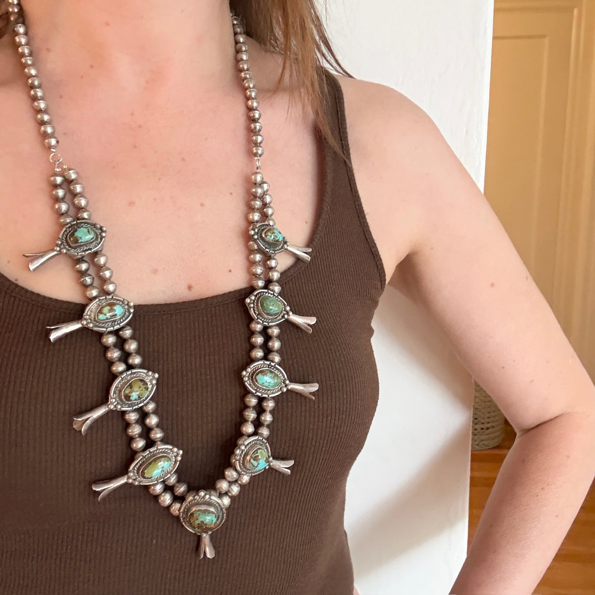 Handsome Silver & Turquoise Squash Blossom Necklace