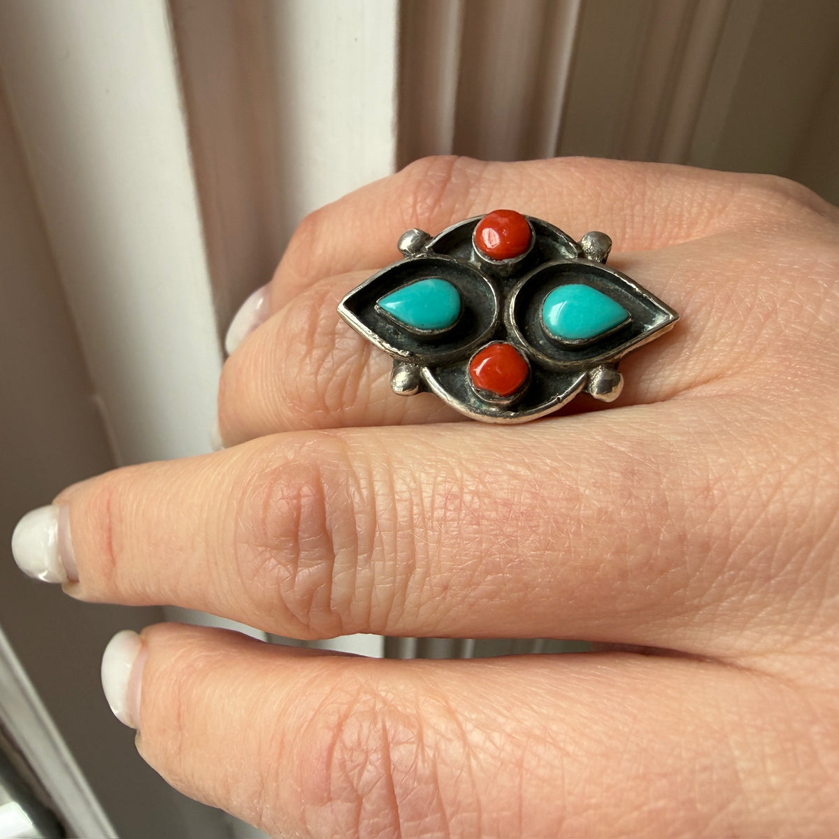 Turquoise & Coral in Graphic Silver Overlay Ring