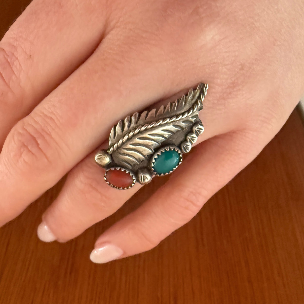 Silver Leaf with Turquoise & Coral Ring