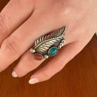 Silver Leaf with Turquoise & Coral Ring