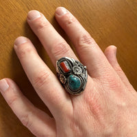 Ornate Sterling Silver Ring with Coral & Turquoise